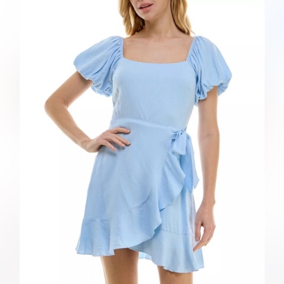 Trixxi Women’s Juniors Fit & Flare Mini Light Blue Dress Short Sleeve Ruffle - Picture 3 of 17